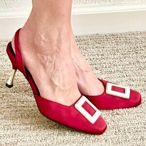 Women's 8US Jewel Tone Red Slingback Square Toe Buckle Embellished Stiletto Heel